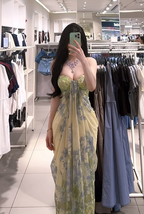 Light green floral print strapless fitted waist sexy long ball gown R7906
