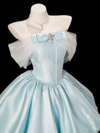Classy Off The Shoulder Blue Satin A Line Short 7th Grade Homecoming Dress Birthday Dress SP1934