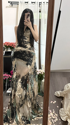 Black and white tie-dye halter neck fitted waist sexy long ball gown R7787