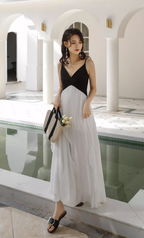 French black and white stitching suspender backless dress pleated skirt ruffled fairy long skirt R1591