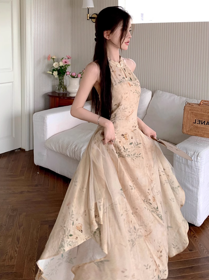 Fairy new Chinese style improved cheongsam halo dyed floral waist long skirt dress R1703