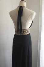 Black halter-neck waist-cinching backless sexy long prom dress R7947
