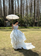 Light blue gradient spaghetti strap, 3D floral, waist‑cinched, full‑skirted long prom dress R7986