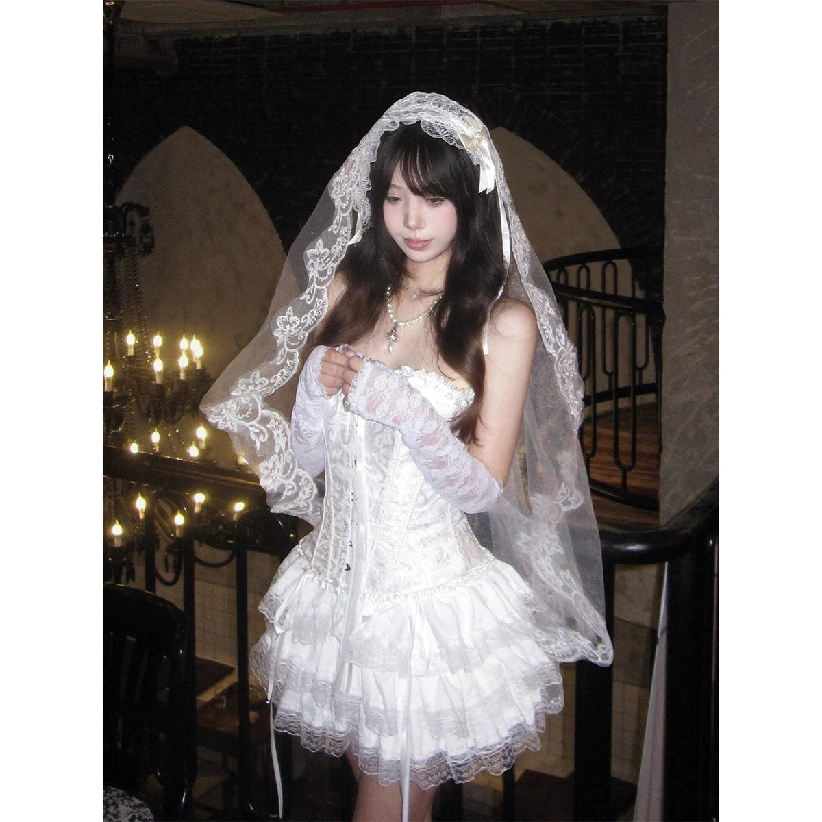 Romantic ribbon-tied bob top, white lace tulle cake skirt, and veil set for women. G003