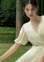 Light apricot V-neck puff-sleeve waist-cinched satin elegant prom dress R7987