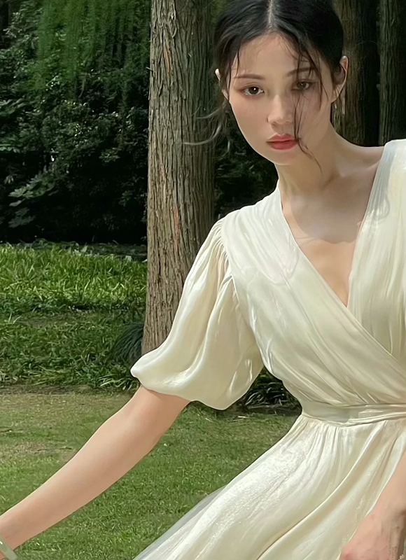Light apricot V-neck puff-sleeve waist-cinched satin elegant prom dress R7987