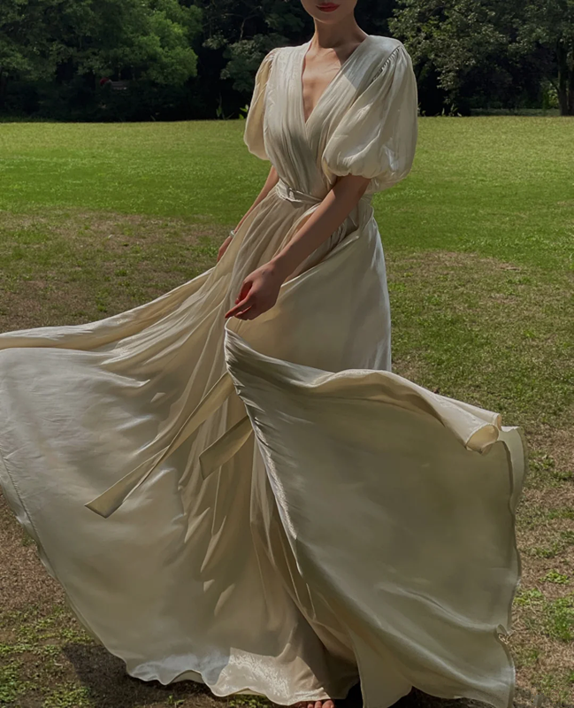 Light apricot V-neck puff-sleeve waist-cinched satin elegant prom dress R7987