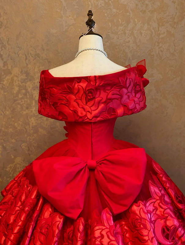 Red Off-the-shoulder Waist-Cinched Puff Tiered Skirt Ball Gown & Bridal Gown R7395