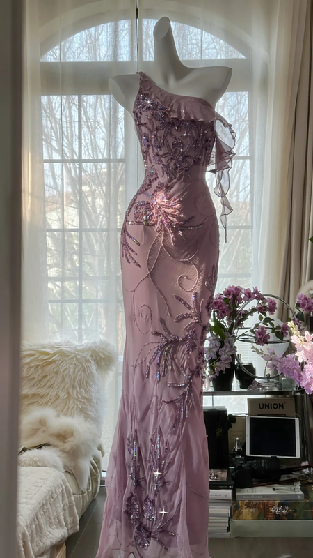 Light purple one-shoulder fitted waist elegant long ball gown R7676