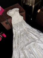 White strapless, fitted, long ball gown with pleats R7040