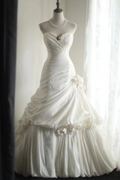 White strapless waist-cinching slim-fit ruched ballgown long prom dress R7949