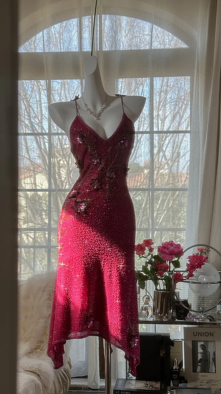Rose pink halter-neck rhinestone fitted waist slim back mid-length ball gown R7677