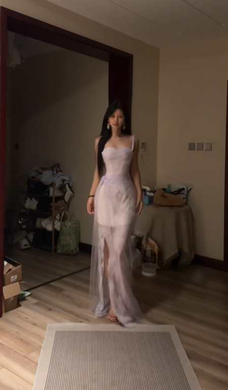 Light purple halter-neck fitted waist slit skirt ball gown R7600