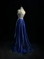 One Shoulder Royal Blue Prom Party Dress Beads Evening Gowns