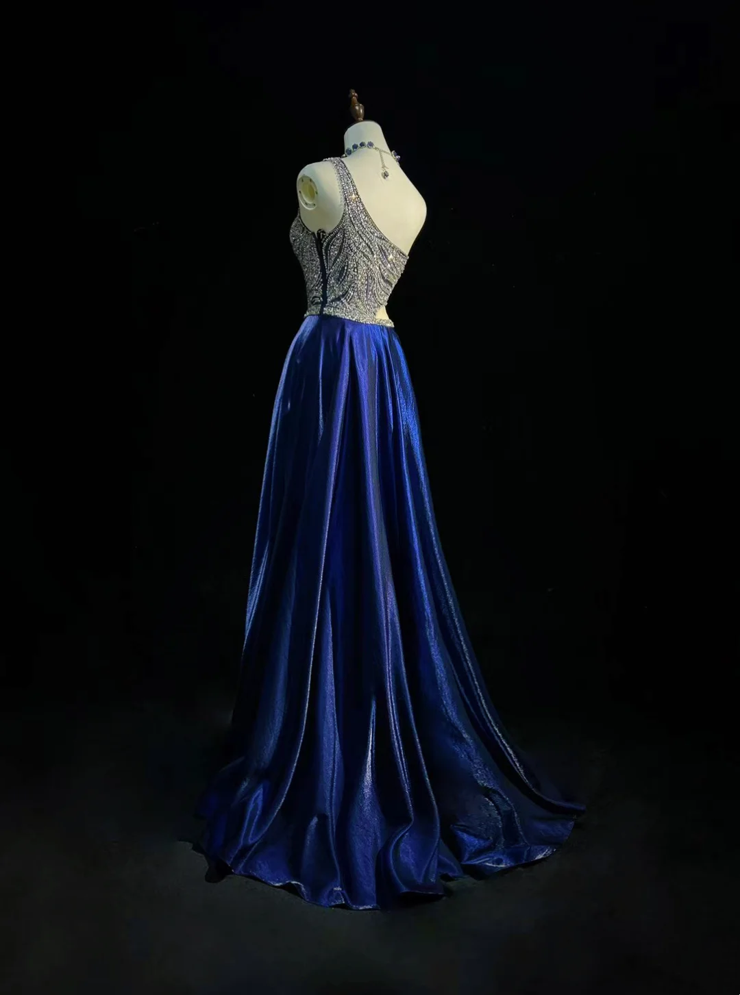 One Shoulder Royal Blue Prom Party Dress Beads Evening Gowns
