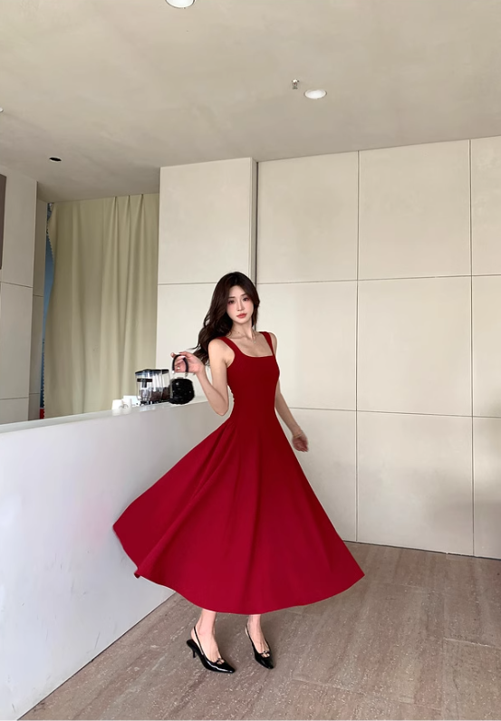 Red square neck suspender dress niche high-end a-line long dress certificate dress R1478