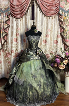 Retro Olive Green Strapless Satin tulle Appliques Beaded Ball Gown Formal Birthday Quinceanera Dress