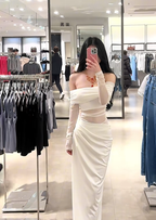 White off-the-shoulder fitted waist slimming hip-hugging sexy long ball gown R7910