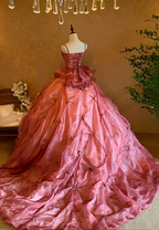 Pink Spaghetti Strap Waist-Cinched Puff-Skirt Ball Gown & Bridal Gown R7397