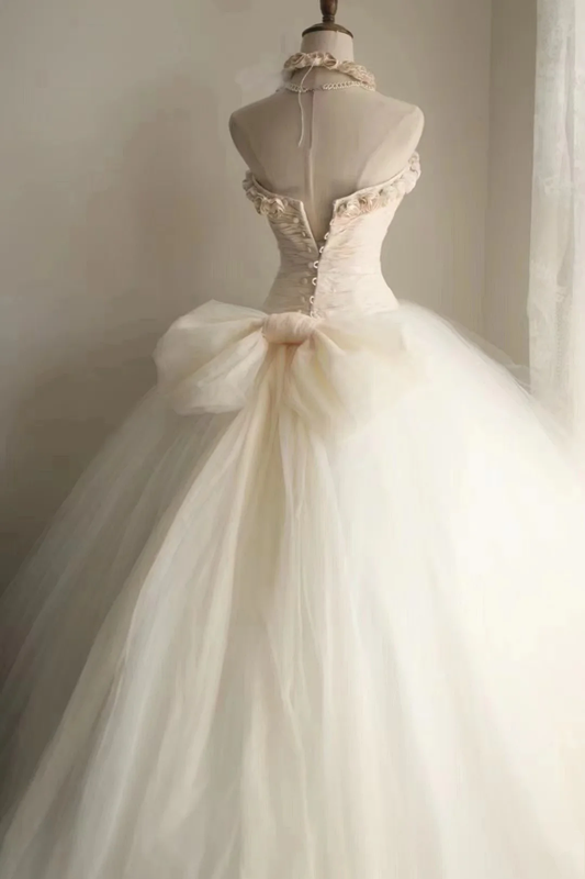 Tea-colored strapless waist-cinching ruched white ballgown long prom dress R7950