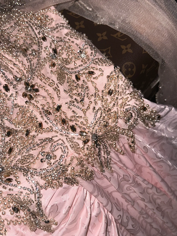 Pink beaded fitted long ball gown with a cinched waist, exuding elegance and fairy-like charm R6963