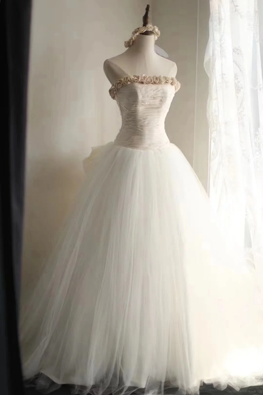 Tea-colored strapless waist-cinching ruched white ballgown long prom dress R7950