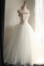 Tea-colored strapless waist-cinching ruched white ballgown long prom dress R7950