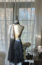 Gray-blue halter-neck, fitted waist, sexy midi-length prom dress R7719