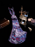Blue halter neck design, printed, fitted long ball gown R6882