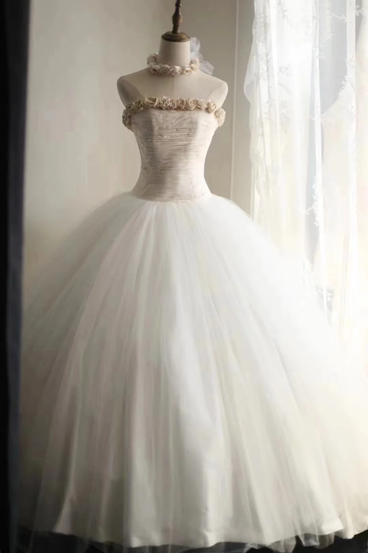 Tea-colored strapless waist-cinching ruched white ballgown long prom dress R7950