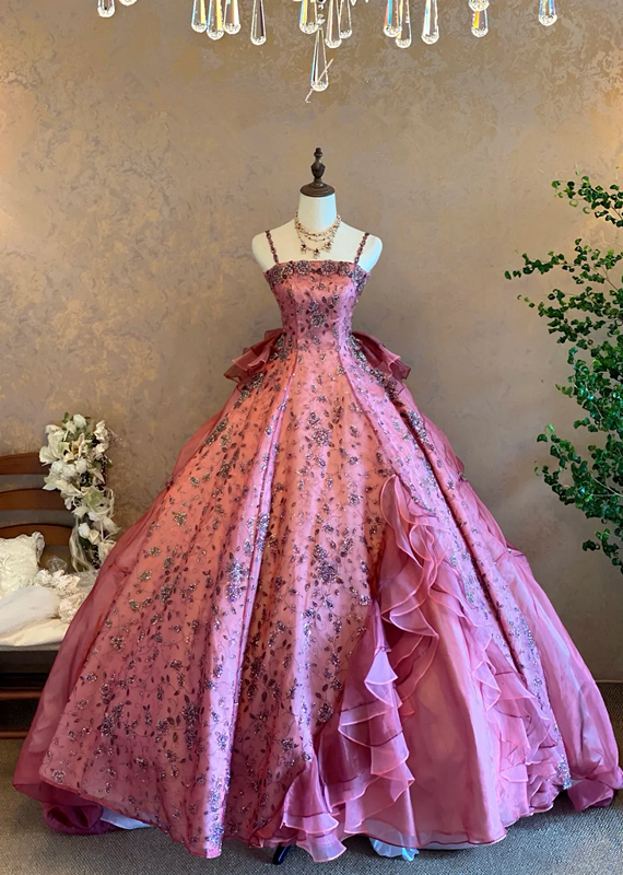 Pink Spaghetti Strap Waist-Cinched Puff-Skirt Ball Gown & Bridal Gown R7397