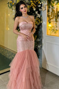 Dusty Pink Strapless Mermaid Evening Dress Tulle Long With Sequins  cg26171