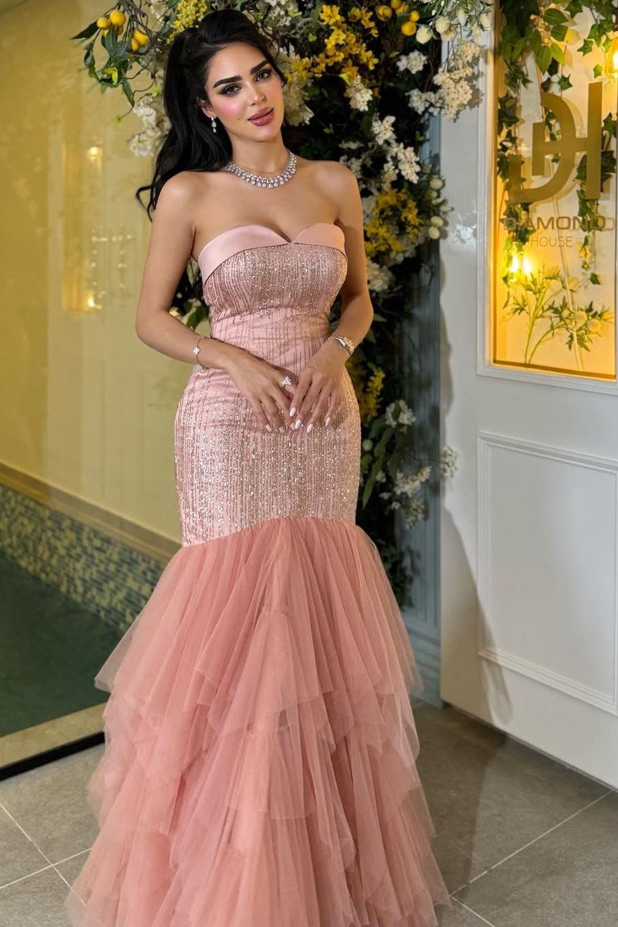 Dusty Pink Strapless Mermaid Evening Dress Tulle Long With Sequins  cg26171