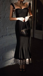 Elegant Spaghetti Straps Black Satin Layered Mermaid Evening Dress Long Birthday Party Gown