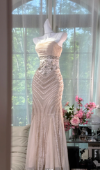 Classy Spaghetti Straps Chiffon Beaded Mermaid Evening Dress Long Party Gown