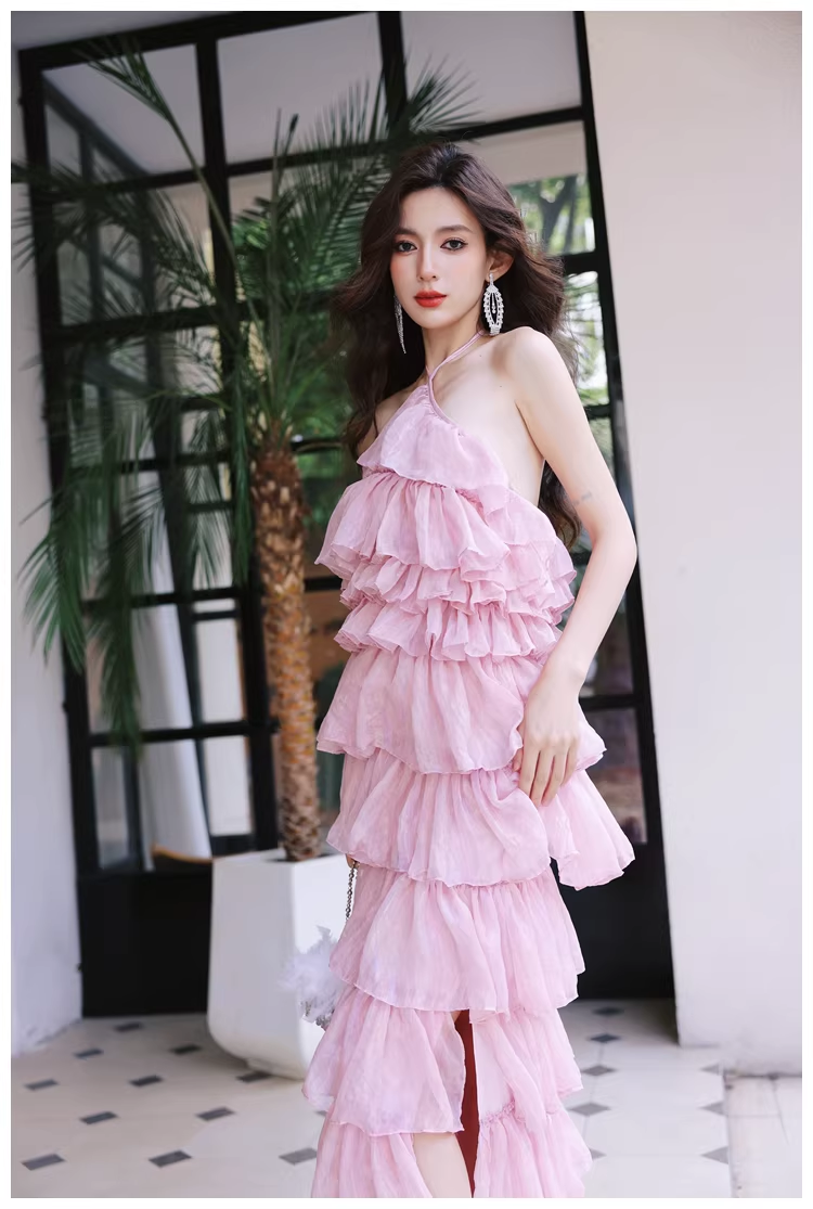 Pretty Pink Halter Chiffon Ruffle Layered Slit Long Birthday Prom Dress Evening Gown