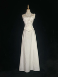 Classy Strapless Satin Print Floral A Line Long Wedding Guest Dress White Formal Evening Gowns SP1792