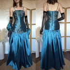 Elegant Spaghetti Straps Blue Satin Beaded Mermaid Long Party Dress Evening Gown