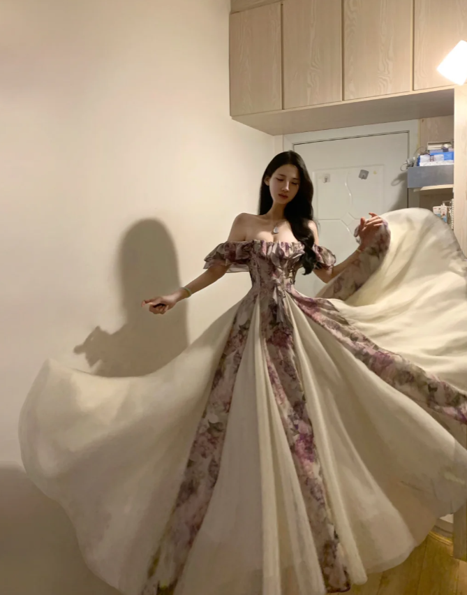 Pretty Off The Shoulder Chiffon Printed Floral A Line Long Party Dress Evening Gown