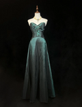 Unique Sweetheart Neck Green Satin Beaded Appliques A Line Wedding Guest Dress Long Birthday Party Dress Evening Gown