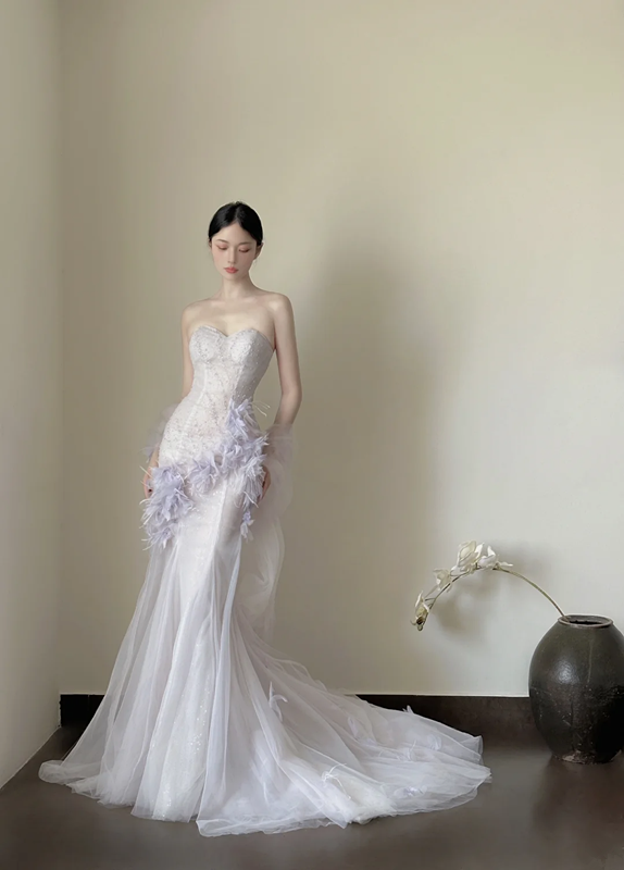 Light purple strapless, waist‑cinching, slim‑fit, bodycon sexy long ball gown, bridal dress R7993
