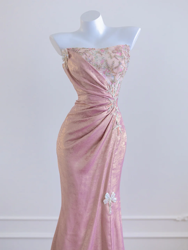 Light pink strapless fitted waist elegant floral pattern long ball gown/bridal dress R8278