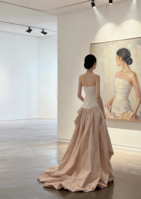 White strapless, waist-cinched, slim-fit top with a light pink long skirt, elegant prom dress R7954