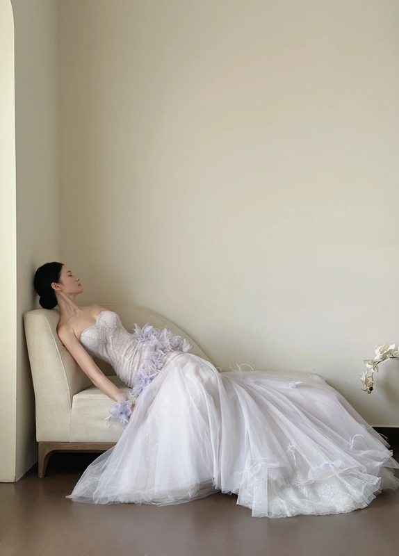 Light purple strapless, waist‑cinching, slim‑fit, bodycon sexy long ball gown, bridal dress R7993
