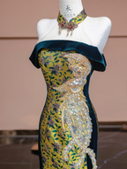 Yellow-based, green floral print, off-the-shoulder, fitted, long ball gown R8336