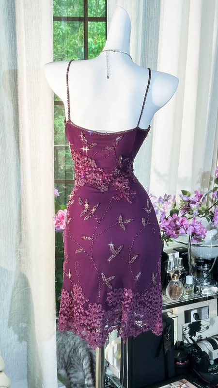 Purple halter-neck embroidered waist-cinching sexy short ball gown R7642