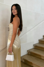 Luxurious Strapless Glos Beaded Tassel Gold Long Evening Dress Formal Birthday Dress SP2043