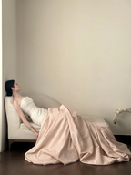 White strapless, waist-cinched, slim-fit top with a light pink long skirt, elegant prom dress R7954