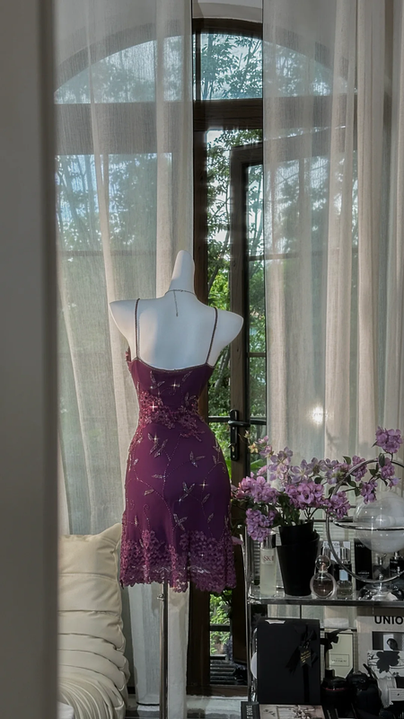 Purple halter-neck embroidered waist-cinching sexy short ball gown R7642