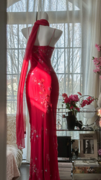 Pink halter-neck fitted long ball gown R7683